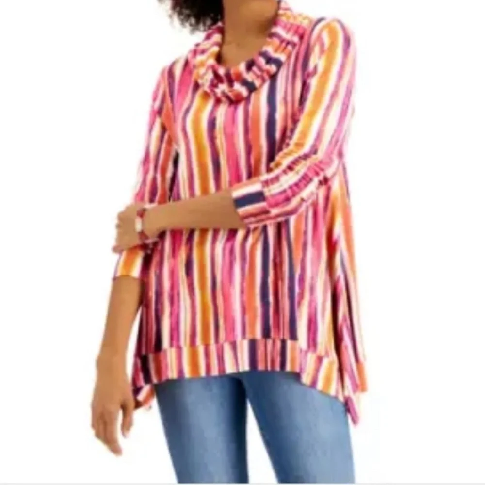 Willow Drive Printed Cowlneck Women Tunic Pink Stroke Combo. - Picture 1 of 4